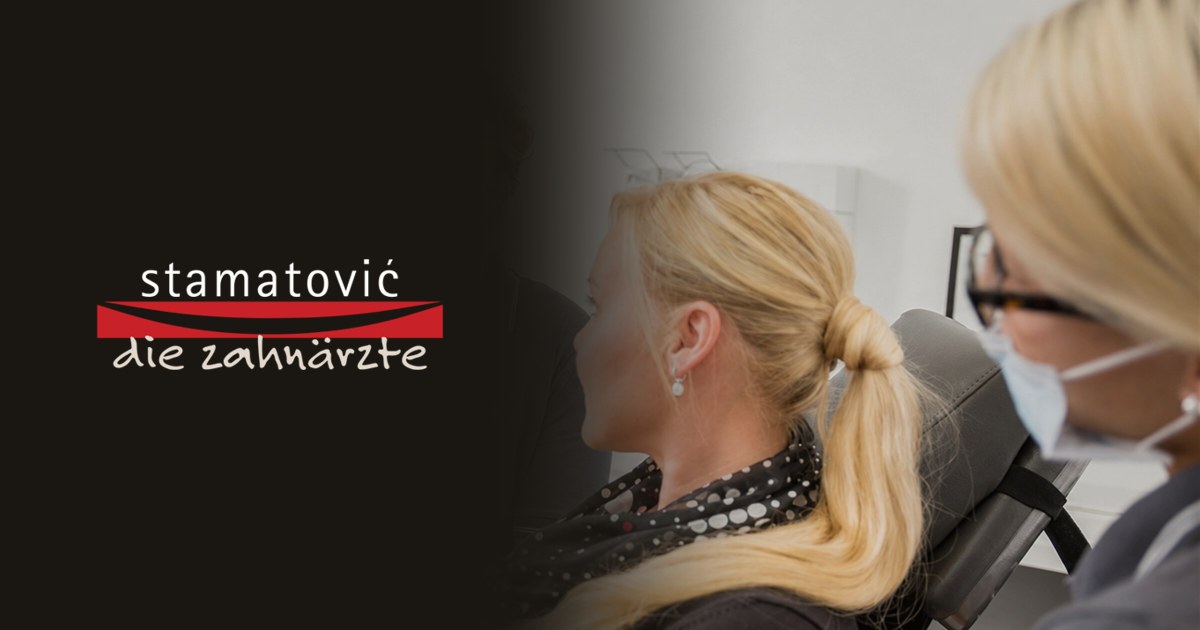 Wortmarke Stamatović, die Zahnärzte, vor einer Aufnahme aus der Praxis
